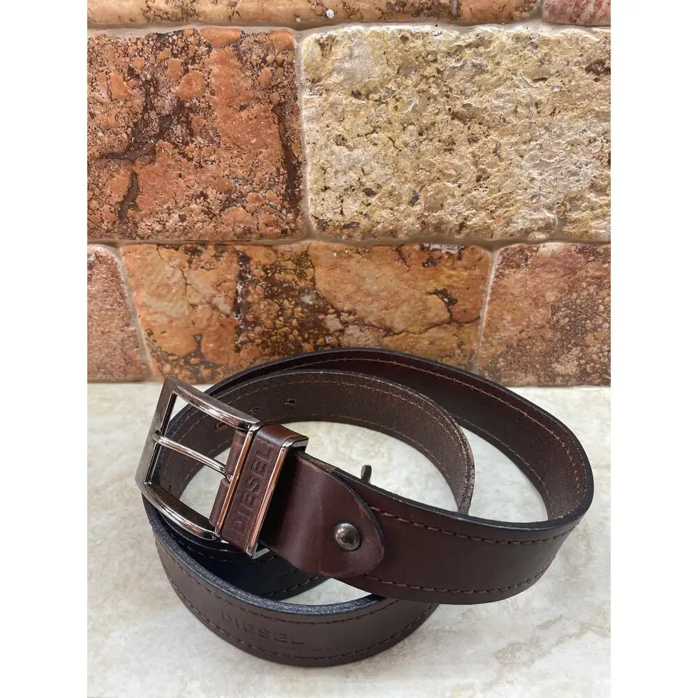 Diesel Belt M Brown Leather Silver Buckle Logo Embossed Casual Everyday